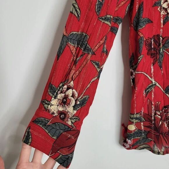 NWT ba&sh Petunia Floral-Print Metallic Jacquard Shirt in Rouge - Picture 12 of 12